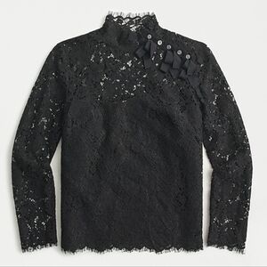 J.Crew Black Mockneck Top in Floral Lace with Bow Accents, Size 2